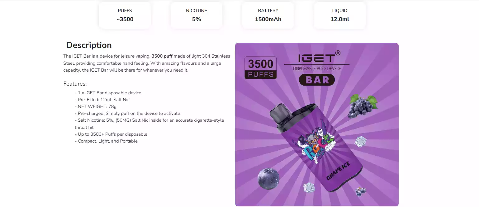 Iget Bar 3500 Puffs Grape Ice 12ml Hot Sale Disposable Vape Pen 3